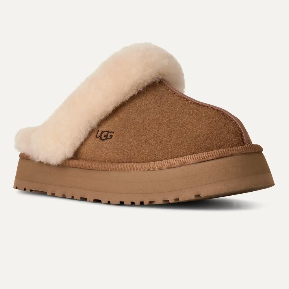 UGG Chestnut Brown Suede Shearling Clog Slippers with Cream Fur